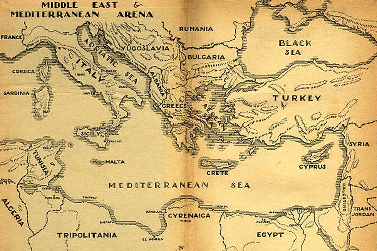 Ilustrasi peta kuno Laut Mediterania.