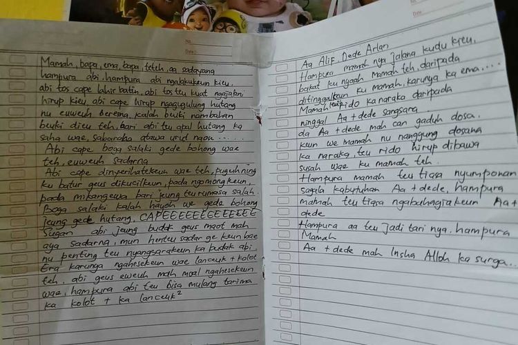 Secarik surat yang ditemukan di rumah kontrakan tempat ketiga jenazah ditemukan tan bernyawa di Kecamatan Banjaran, Kabupaten Bandung, Jawa Barat, Jumat (5/9/2025)