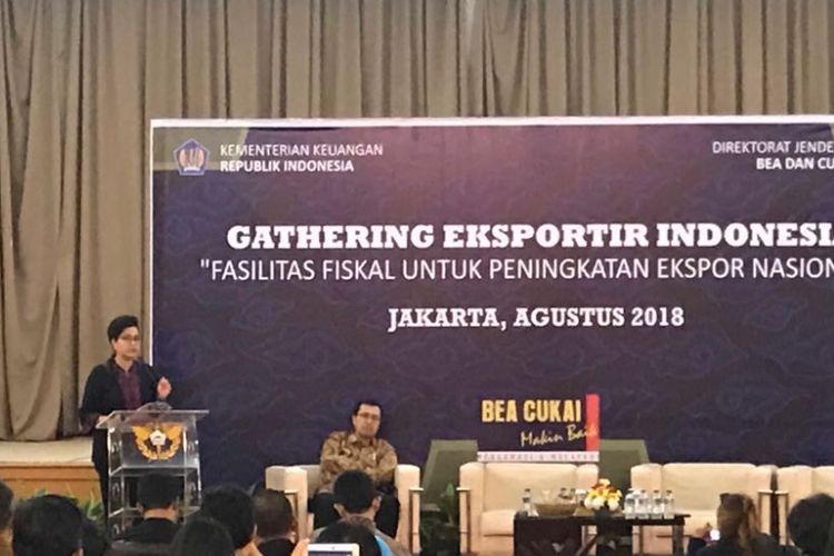 Menteri Keuangan Sri Mulyani saat memberi sambutan dalam acara gathering eksportir di Kantor Ditjen Bea dan Cukai di Jakarta, Selasa (7/8/2018).