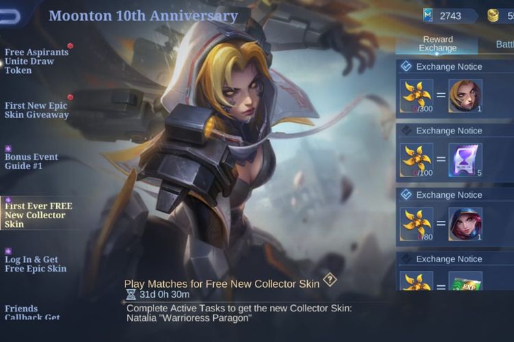 Menu untuk mengerjakan misi dan menukarkan hadiah di event bagi-bagi skin Collector Natalia gratis.