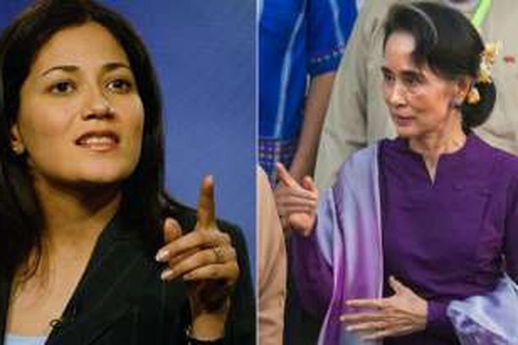 Mishal Husain (kiri), jurnalis Muslim yang bekerja untuk BBC dan Aung San Suu Kyi.