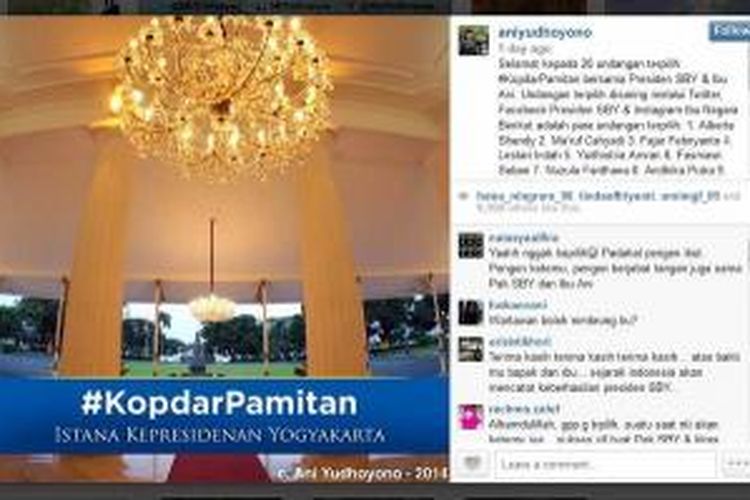 Pengumuman 20 netizen yang berkesempatan mengikuti Kopdar Pamitan bersama Presiden Susilo Bambang Yudhoyono dan Ibu Negara Ani Yudhoyono di Istana Yogyakarta, Kamis (16/10/2014), seperti ditayangkan di akun Instagram Ani Yudhoyono.