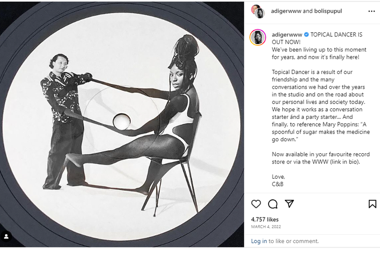 Tangkapan layar album Topical Dancer milik Charlotte Adigery dan Bolis Pupul, berisikan lagu berjudul HAHA.
