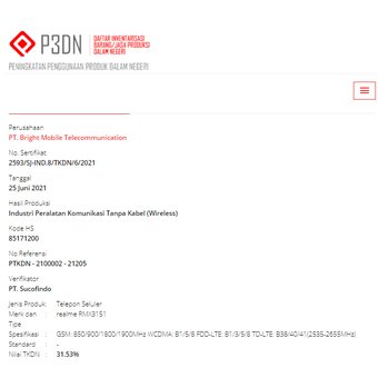 Realme 8i dengan nomor model RMX3151 terdaftar lolos sertifikasi TKDN.