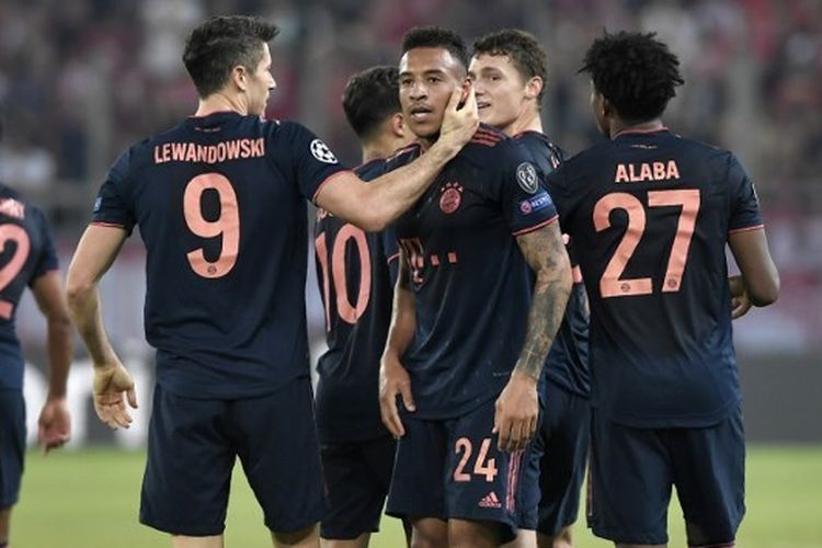 Corentin Tolisso saat merayakan gol ke gawang Oympiacos pada ajang Liga Champions 2019-2020.