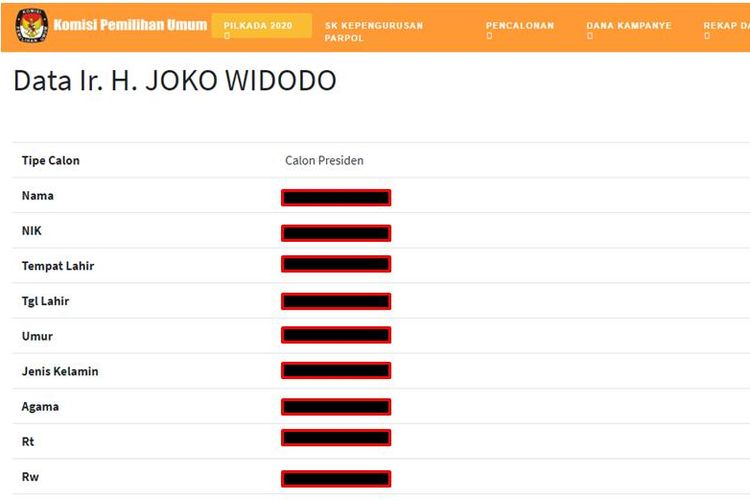 Tangkapan layar situs KPU yang menampilkan data Presiden Joko Widodo dilihat menggunakan Google Cache
