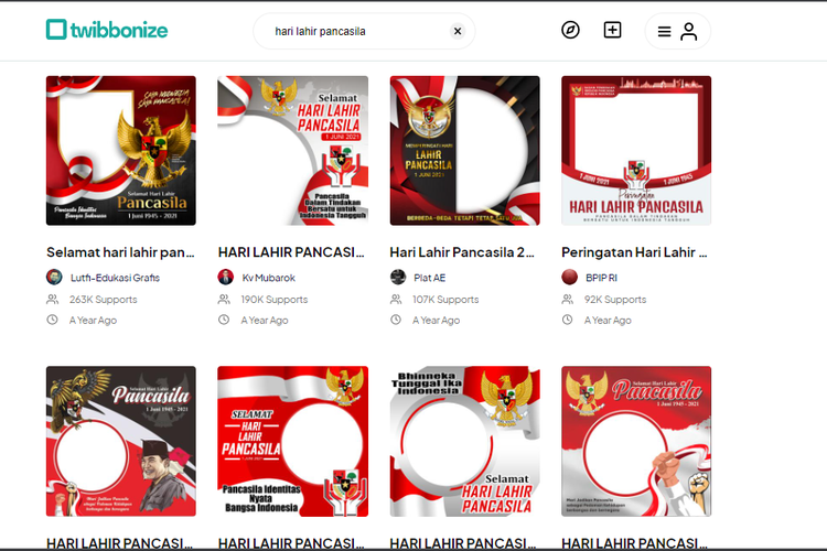 Tangkapan layar halaman depan situs Twibbonize yang menampilkan twibon bertema Hari Lahir Pancasila.