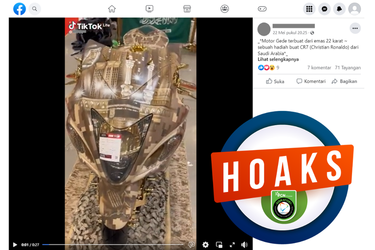 Tangkapan layar unggahan dengan narasi hoaks di sebuah akun Facebook, Senin (22/5/2023), soal motor lapis emas 22 karat hadiah untuk Ronaldo dari Arab Saudi.
