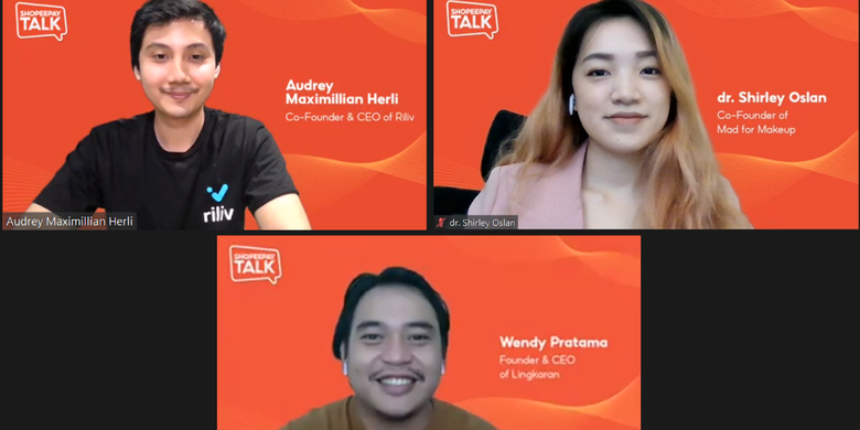 Narasumber ShopeePay Talk show (atas-bawah), Co-Founder & Chief Executive Officer of Riliv Audrey Maximillian Herli, Co-Founder of Mad for Makeup Shirley Oslan, dan Founder & Chief Executive Officer of Lingkaran Wendy Pratama.
