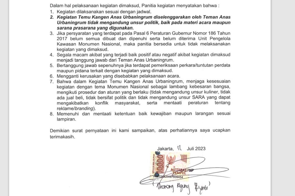 Surat pernyataan Teman Anas Urbaningrum terkait penyelenggaraan acara di Monas, Jakarta Pusat, Sabtu (15/7/2023). Panitia menyatakan acara tersebut tidak akan membahas unsur politik, tetapi Anas justru menyampaikan pidato politik dalam acara itu.
