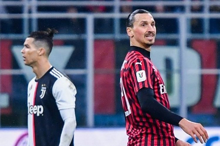 Cristiano Ronaldo dan Zlatan Ibrahimovic dalam laga leg pertama semifinal Coppa Italia antara AC Milan vs Juventus di Stadion San Siro, Jumat (14/2/2020).