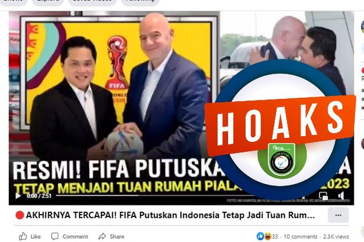 Tangkapan layar Facebook narasi yang menyebut bahwa FIFA memutuskan bahwa Indonesia tetap menjadi tuan rumah Piala Dunia U20 2023