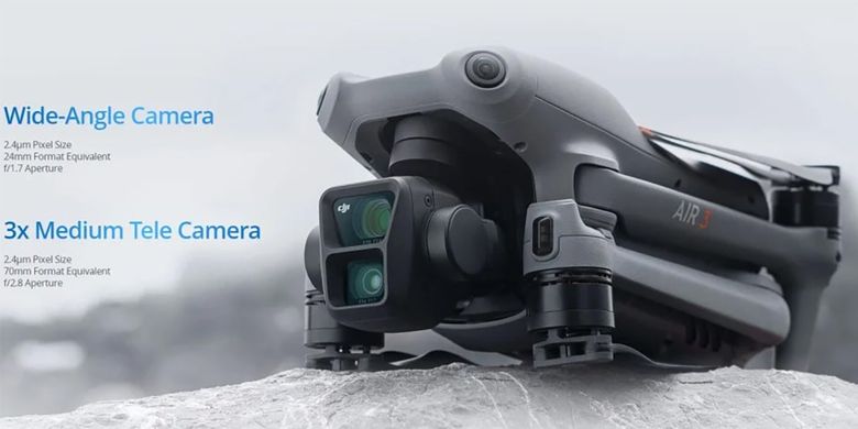 Drone DJi Air 3 memiliki dua kamera, terdiri dari kamera wide dan telephoto