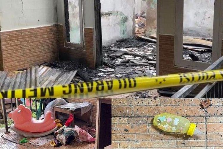 Kondisi rumah tempat tiga balita meninggal secara tragis dalam insiden kebakaran di Kota Kendari, Provinsi Sulawesi Tenggara (Sultra) , Rabu (7/5/2025). Sehari setelah kejadian tersebut, tampak rumah dikelilingi dengan garis polisi. 