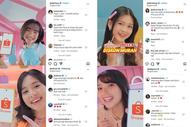 Postingan Instagram empat member JKT48 yang menjadi bintang iklan kampanye belanja online Shopee 11.11 Big Sale