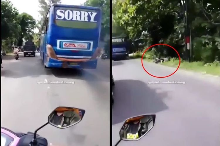 Tangkapan layar video bus ngeblong menyebabkan seorang pengendara motor terjatuh di Jalan Raya Solo-Purwodadi.