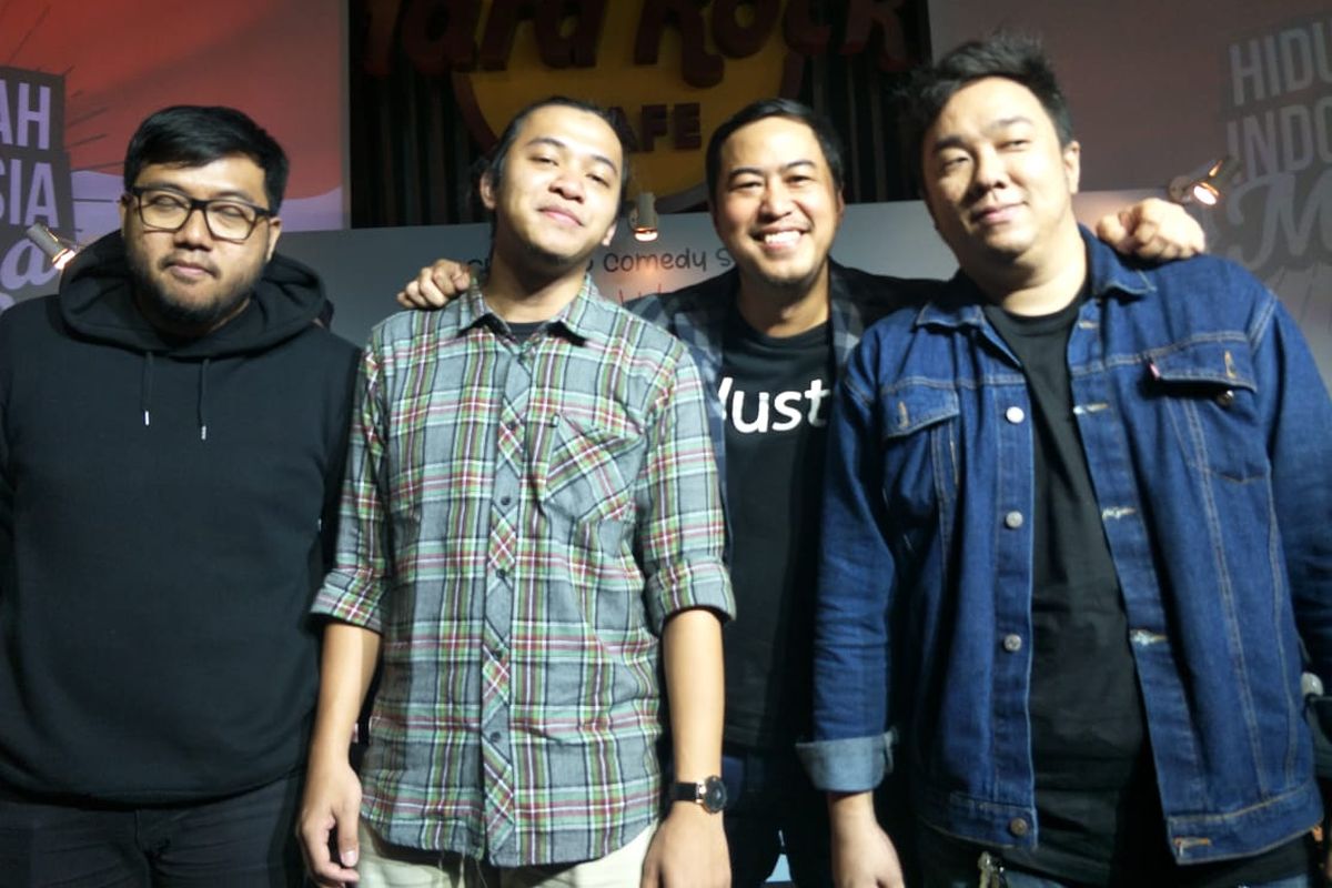 Pandji Pragiwaksono, Afif Xavi, Barry Williem dan Awwe dalam jumpa pers acara Hiduplah Indonesia Maya di Hard Rock Cafe, SCBD, Jakarta Selatan, Senin (24/6/2019).