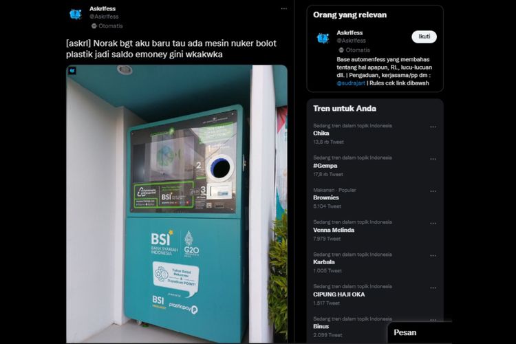 Salah seorang pengguna Twitter mengunggah foto mesin penukar botol plastik menjadi e-money.