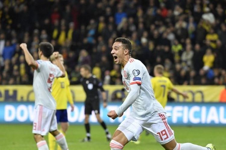 Rodrigo Moreno berselebrasi setelah mencetak gol penyeimbang pada masa injury time dalam laga lanjutan Grup F Kualifikasi Euro 2020 Swedia vs Spanyol di Friends Arena, Selasa (15/10/2019) atau Rabu dini hari. 