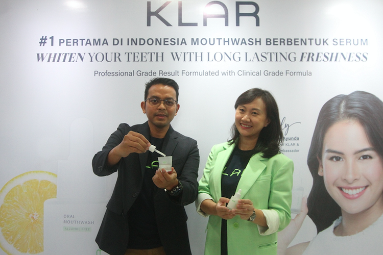 Konferensi pers peluncuran Klar Oral Moutwash berbentuk serum di Jakarta, Rabu (29/3/2023).