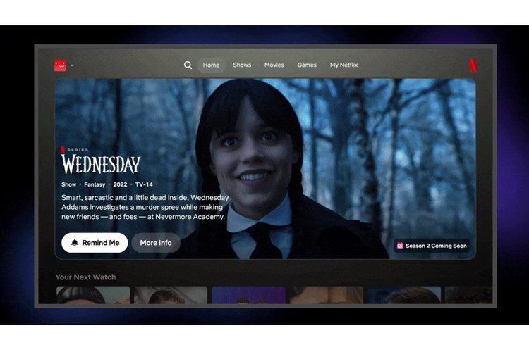 Netflix memperbarui tampilan beranda TV-nya dengan desain yang lebih bersih dan mudah dinavigasi. Ikon menu seperti Search, Shows, Movies, Games, dan My Netflix kini dipindahkan ke bagian atas layar untuk akses yang lebih cepat.

