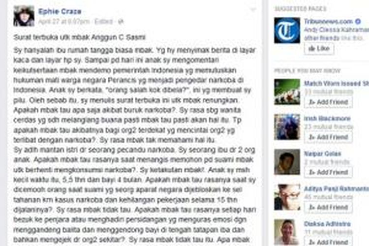 Melalui laman Facebook miliknya, Ephie Craze menulis surat terbuka kepada vokalis Anggun C Sasmi, Senin (27/4/2015).