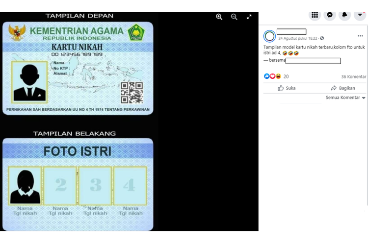 Tangkapan layar unggahan foto tampilan depan dan belakang kartu nikah tersedia empat kolom foto istri diklaim dikeluarkan dari Kementerian Agama (Kemenag).