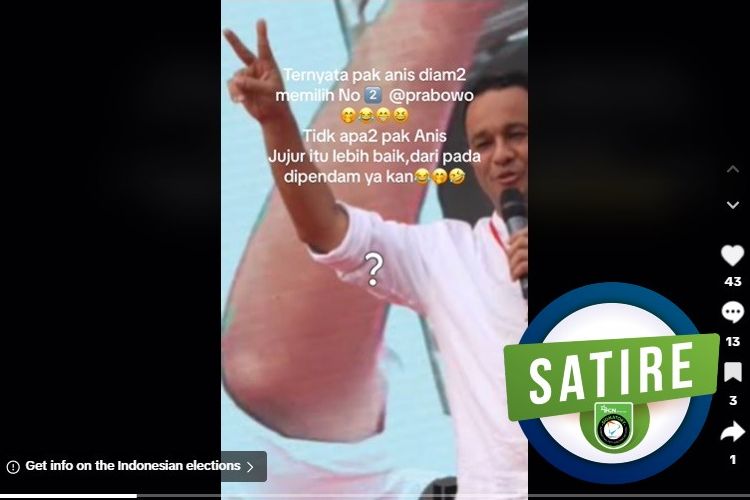 Tangkapan layar TikTok narasi yang menyebut Anies Baswedan mengacungkan dua jari mendukung Prabowo