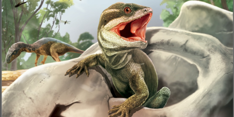 Ilustrasi Taytalura alcoberi di habitatnya. Penemuan fosil nenek moyang reptil modern, nenek moyang kadal dan ular di Argentina.

