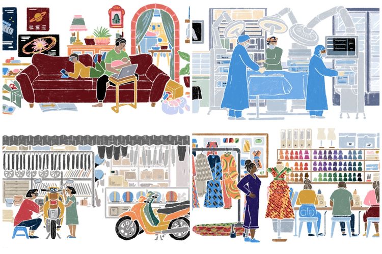 Google Doodle hari ini memperlihatkan sekilas gambaran dari aktivitas perempuan di seluruh dunia.