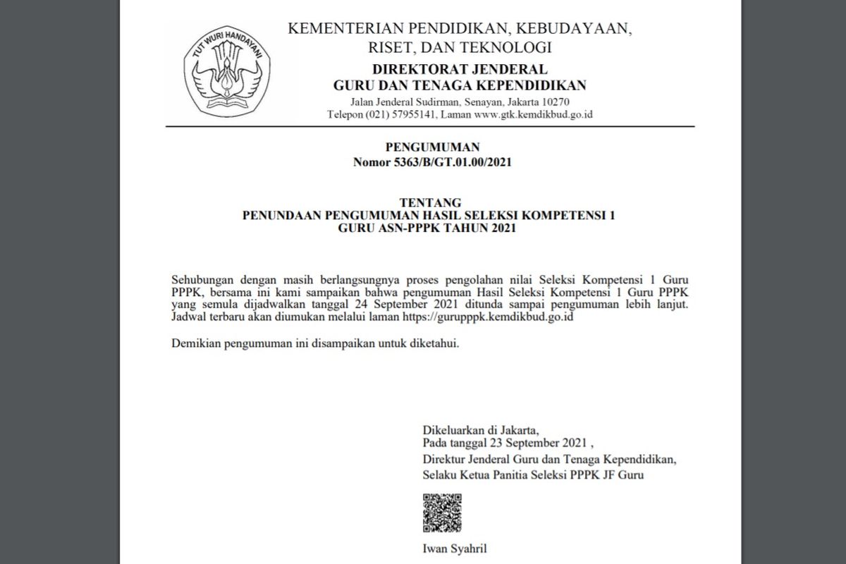 Tangkapan layar penundaan pengumuman hasil seleksi kompetensi 1 guru AS-PPPK 2021.