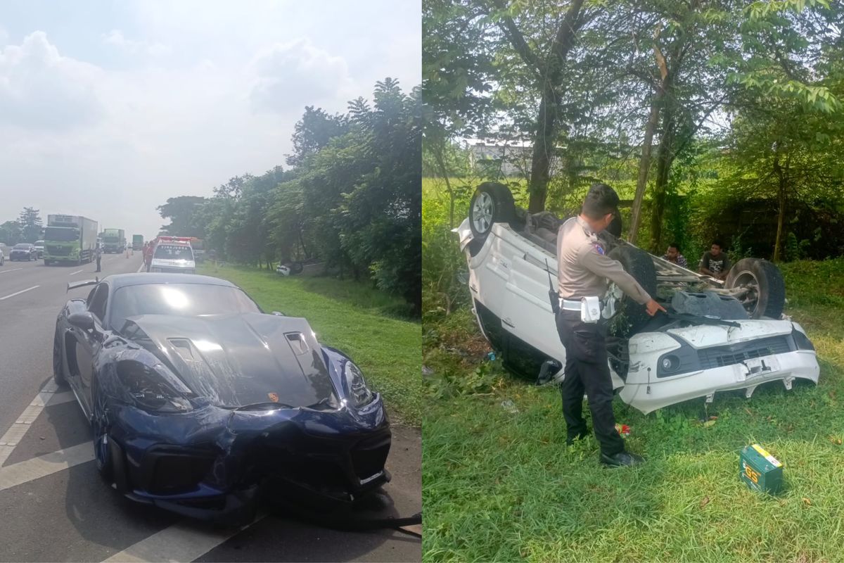 Kondisi super car Porsche dan Rush usai terlibat kecelakaan di Tol Sidoarjo-Porong, Minggu (1/6/2025)