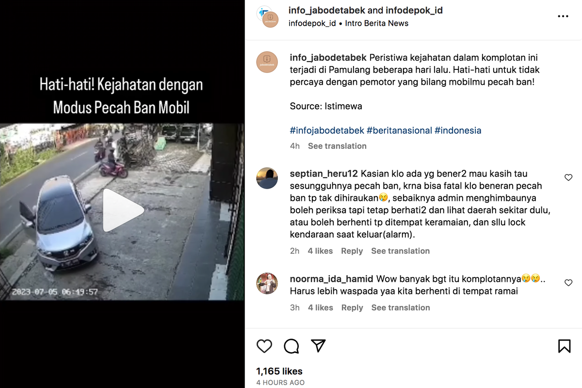 Aksi kejahatan dengan modus pecah ban kembali terjadi