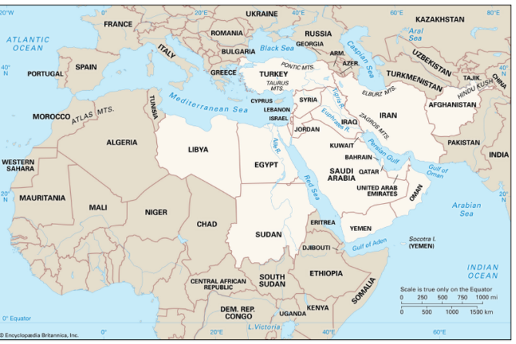 Peta Timur Tengah, terjadinya Arab Spring.