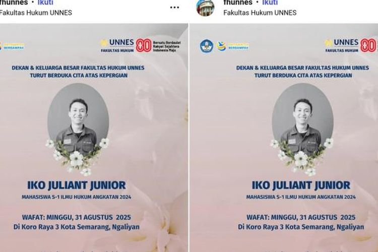 KEMATIAN JANGGAL - Ucapan duka dari Unnes atas kematian Iko Juliant Junior yang meninggal dunia dalam kondisi penuh kejanggalan, Senin (1/9/2025). 