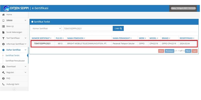 Tangkapan layar sertifikasi perangkat Oppo di laman Postel DItjen SDPPI Kemenkominfo