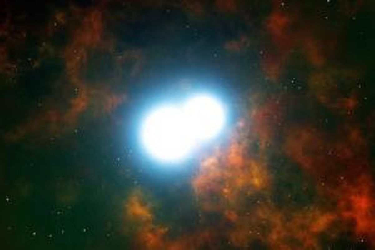 Ilustrasi ini menunjukkan sepasang katai putih saling mengitari satu sama lain dan perlahan-lahan menjadi semakin dekat. Pada akhirnya nanti pasangan ini akan bergabung menjadi satu bintang yang akan meledak menjadi supernova. Kredit: ESO/L. Calçada.