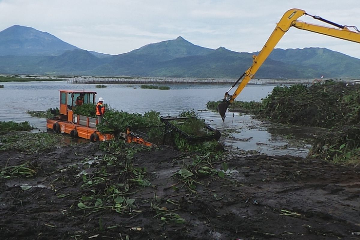 Sebuah alat berat tengah mengangkat enceng gondok yang sudah ditepikan di dermaga Sumurup, Asinan, Bawen, Kabupaten Semarang.