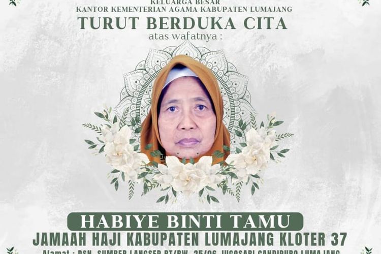 Flyer ucapan duka cita untuk almarhumah Habiye, jemaah haji asal Lumajang, Jawa Timur