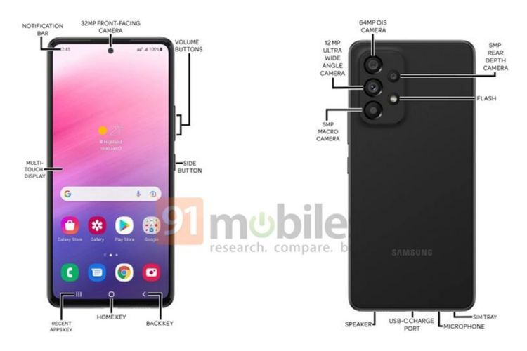 Ilustrasi render ponsel yang diduga sebagai Galaxy A73, lengkap dengan spesifikasinya.