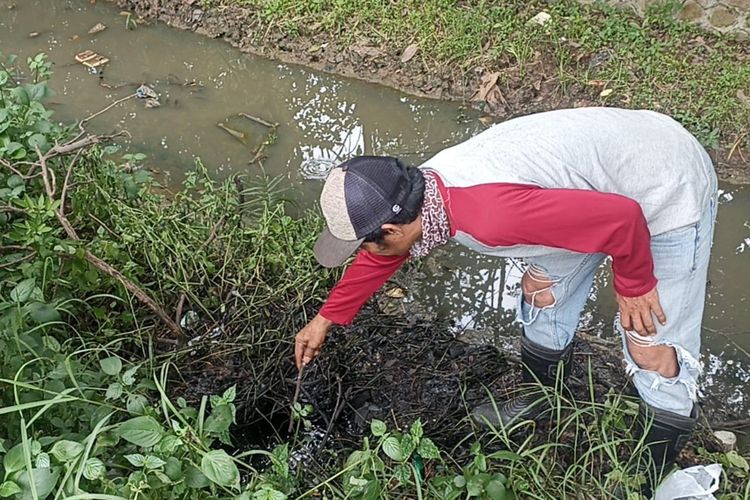 Pekerja Hutan Kota Karawang menunjukkan limbah cair berwarna hitam yang dibuang orang tak dikenal di sekitar Hutan Kota Karawang, Jumat (9/2/2024).