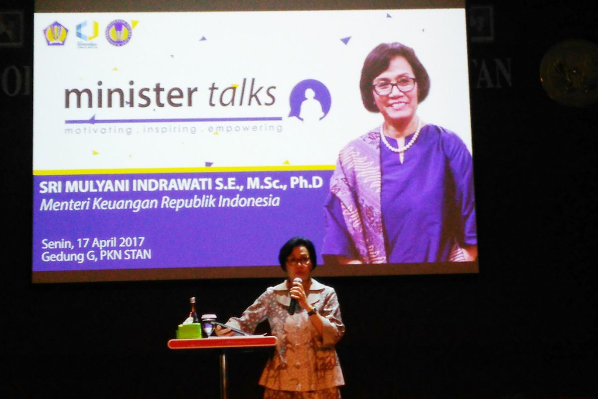 Menteri Keuangan Sri Mulyani Indrawati menjadi pembicara dalam acara kuliah umum di Politeknik Sekolah Tinggi Akutansi Negara (STAN), Bintaro, Tangerang Selatan, Banten, Senin (17/4/2017).