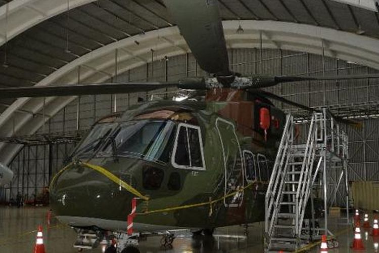 Helikoper AgustaWestland AW101 di Hanggar Skuadron Teknik 021, Lanud Halim Perdanakusuma, Jakarta Timur.