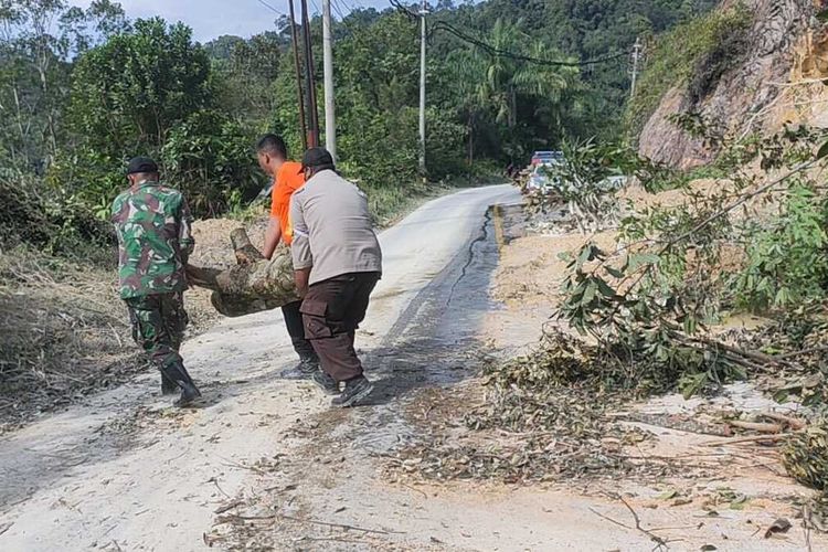 Petugas gabungan membersihkan material longsor yang menutupi badan jalan lintas sumatera di Desa Rantau Berangin, Kecamatan Kuok, Kabupaten Kampar, Riau, Selasa (6/9/2022).