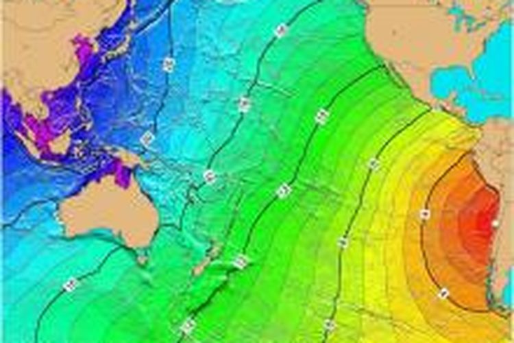 Waktu perjalanan tsunami Cile yang dikeluarkan National Atmospheric and Oceanic Administration. 