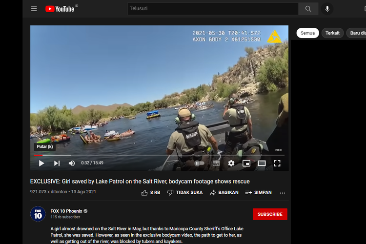 Tangkapan layar video di kanal YouTube Fox 10 Phoenix pada 13 Agustus 2021, tentang pencarian gadis yang hampir tenggelam di Salt River, Arizona, Amerika Serikat.