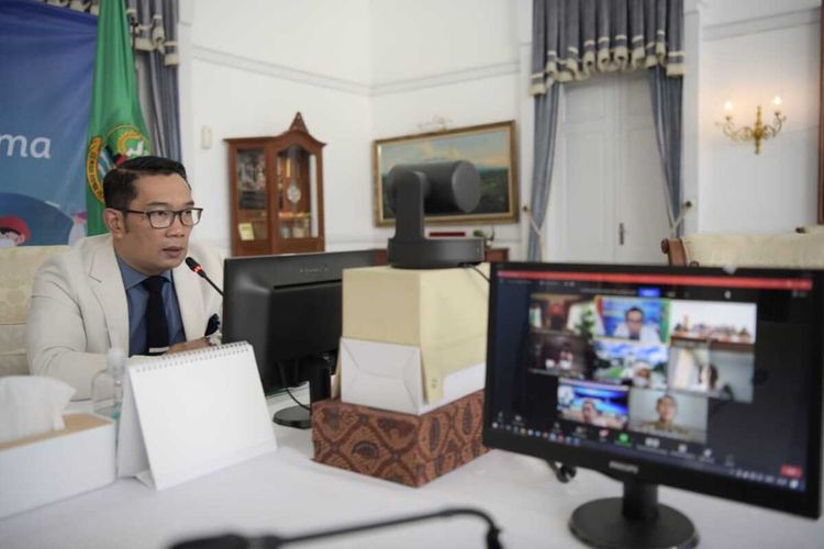 Gubernur Jawa Barat Ridwan Kamil saat menghadiri konferensi pers virtual di Gedung Pakuan beberapa waktu lalu.