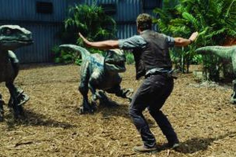 Owen (Chris Pratt) menghadapi sekelompok raptor yang dilatihnya di Jurassic World (2015)