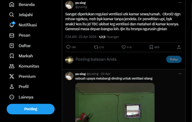 Tangkap layar unggahan yang menyebut tidur dalam kamar tanpa jendela menyebabkan TBC [Twitter/yusing].