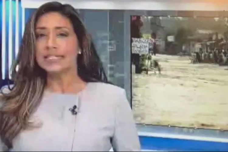 Tangkapan layar dari video yang menunjukkan Farah Nasser, seorang presenter berita Global News Canada, secara tidak sengaja menelan lalat saat siaran langsung, tetapi dia tidak kesal karenanya. 